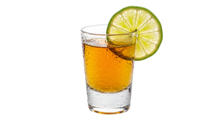 Shot of Tequila with Lime Slice and Water Droplets