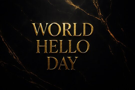 Elegant world hello day text with golden glitter on dark marble background