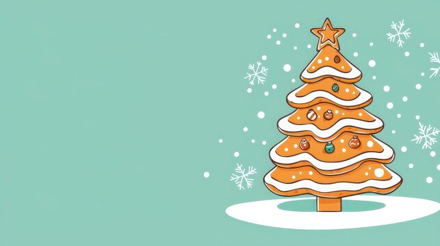 Festive Gingerbread Christmas Tree with Snowflakes on Teal Background