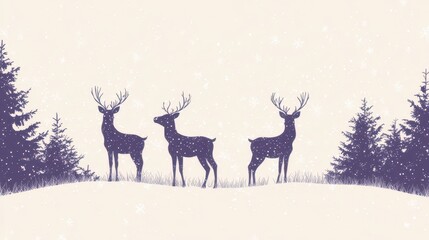 Snowy Winter Forest Scene with Silhouette of Three Deer