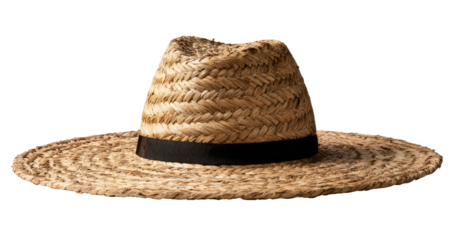 Beige straw hat with black band.  Wide brimmed, flat crown