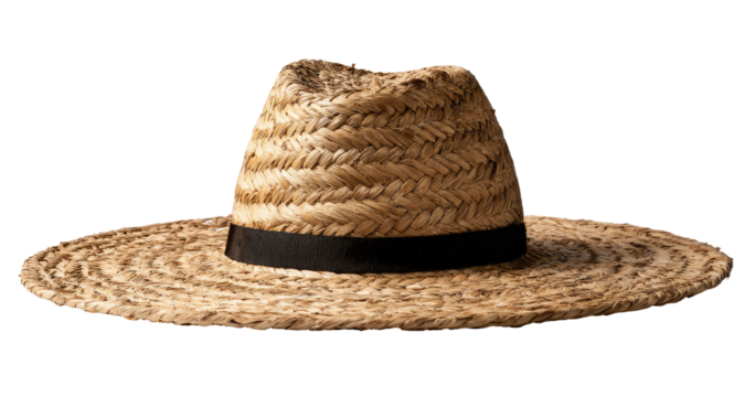 Beige straw hat with black band.  Wide brimmed, flat crown