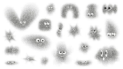 Set of cute dotted grain gradient shapes. Set of different bright shapes heart, drop, flower, star, cloud etc with emotions. Vector gritty smiling shapes with black particle for banner, poster, cover.
