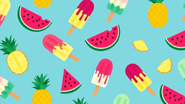 Colorful popsicles and tropical fruits on vibrant blue background for cheerful summer vibes