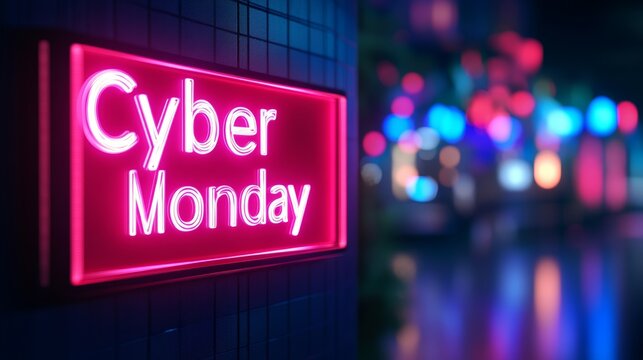 Neon lights shine bright, showcasing Cyber Monday deals in a bustling, colorful shopping district