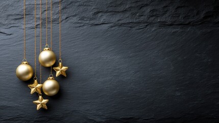 Golden baubles and seashells are creatively arranged on a dark background, adding a festive touch to holiday decorations