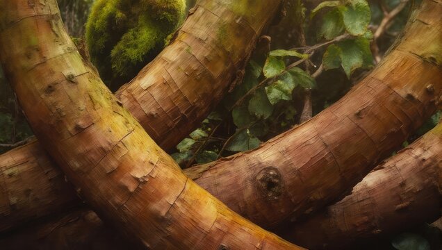 Close-up of rough tree bark texture with moss and green foliage.