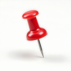Red plastic push pin isolated on white background, a sharp office tool to attach a paper note or memo to a board