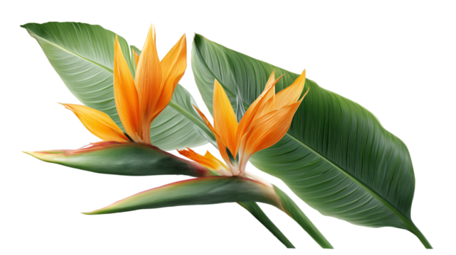 Orange bird-of-paradise flower with green leaves shines with translucent backdrop for product display, wedding invitations. - Powered by Adobe