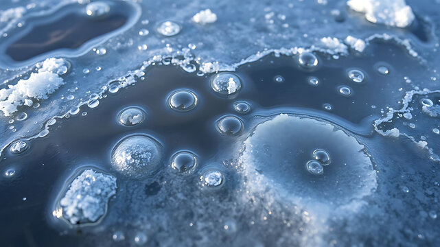 Frozen bubbles trapped under lake ice close-up