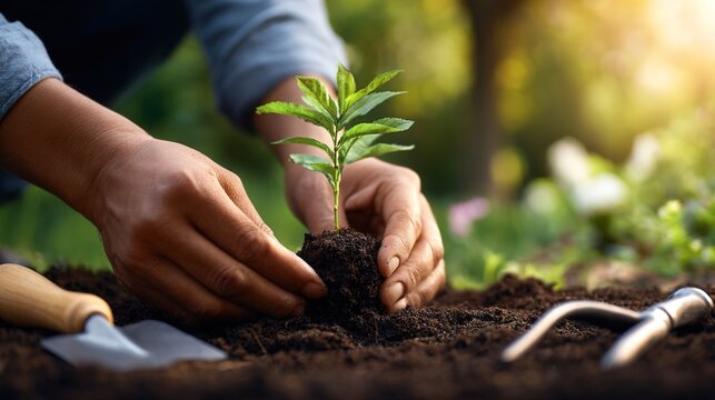 A close-up of a person's hands planting a young green seedling in rich soil.