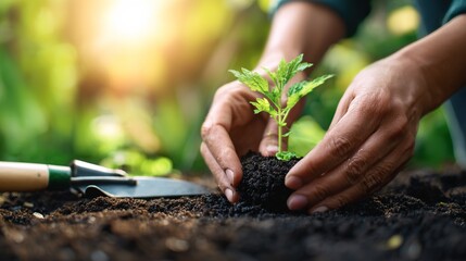 A close-up of hands planting a young green seedling in rich soil, symbolizing growth and nurturing.