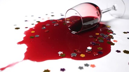 A spilled glass of red liquid with confetti on a white surface, creating an interesting composition - Powered by Adobe