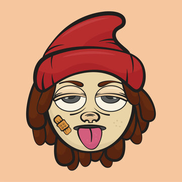 illustration of a man wearing a beanie while sticking out his tongue, a man's bored face
