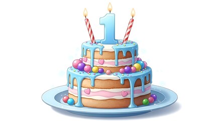 First Birthday Cake Celebration with Number One Candle.