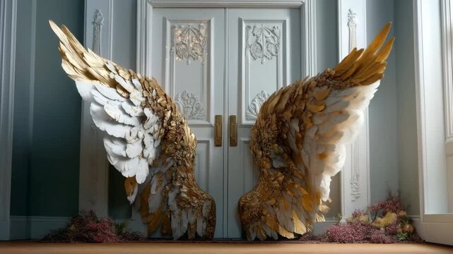 Large, decorative gold and white angel wings flapping slowly in front of an elegant white door