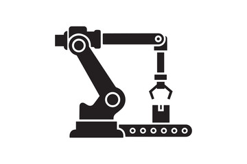 Industrial robotic arm icon for factory automation Manufacturing robot lifting box on conveyor belt