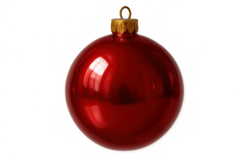 Red christmas bauble decoration hanging, object featuring a shiny surface and golden cap, festive holiday new year theme