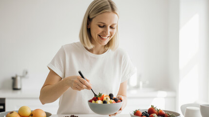 Young blonde woman happily eating healthy fruit salad in modern kitchen. Her smile conveys enjoyment of fresh food, embracing healthy living lifestyle