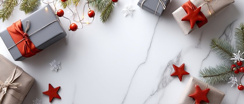 Colorful holiday gifts, ornaments, pine branches, and natural accents beautifully arranged on a marble surface for a festive atmosphere