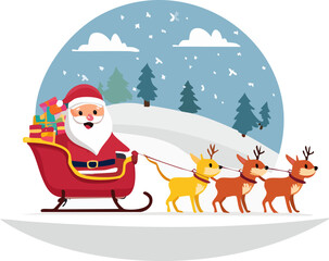 Fototapeta premium Humorous Flat Vector Santa Claus in Sleigh with Colorful Gifts