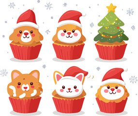 Adorable Shiba Inu Cupcake with Winter Snowflakes Vector