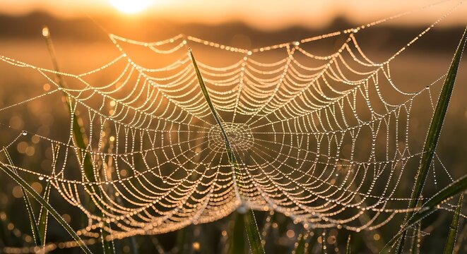 Morning dew glistening on an intricate spiderweb, illuminated by the gentle sunrise, creating a captivating natural spectacle and a fresh concept of delicate beauty