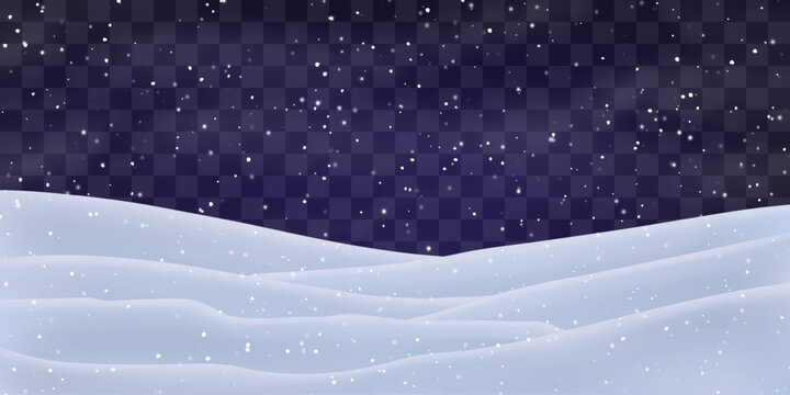 Night snow falling on snowdrifts, snowflakes and blizzard. Snow landscape decoration, frozen hills isolated on png. Vector heavy snowfall with snowbanks field. Christmas vector illustration.