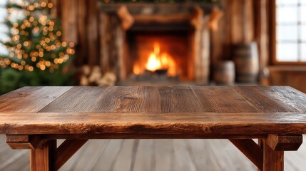 Wrapped boxes rest on a wooden table in a cozy living room with a bright Christmas tree and a glowing fireplace, festive vibes abound