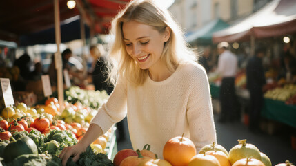 Young blonde woman smiles cheerfully while selecting fresh produce vibrant outdoor market. Her happy expression captures joy of healthy living and shopping for natural food. bright scene depicts