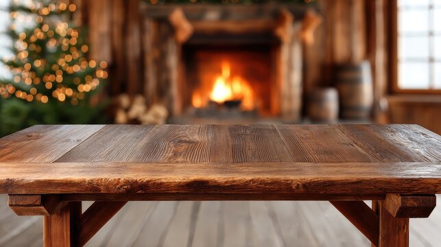 Wrapped boxes rest on a wooden table in a cozy living room with a bright Christmas tree and a glowing fireplace, festive vibes abound