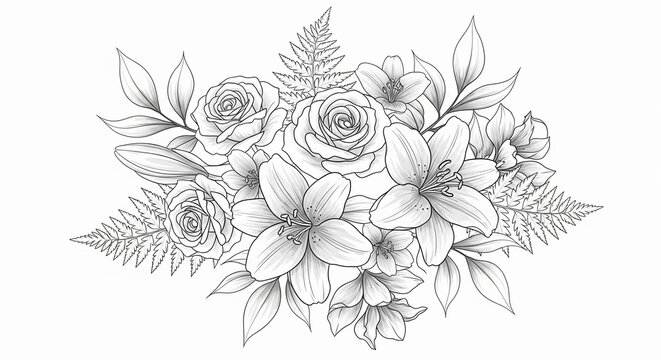 Hand-drawn black and white floral bouquet illustration with elegant roses, lilies, and botanical foliage in a delicate line art sketch