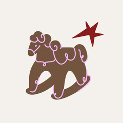 Brown 3D rocking horse line vector with smooth curves and subtle shading, realistic yet stylized, perfect for children’s illustrations, nursery decor, logos, toys, and playful graphic projects.
