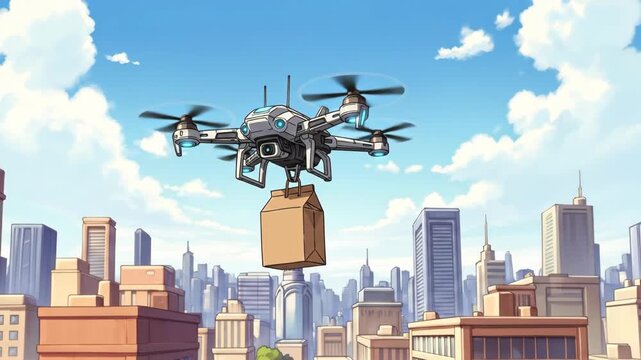 Drone delivers package over urban skyline with smooth precision and speed