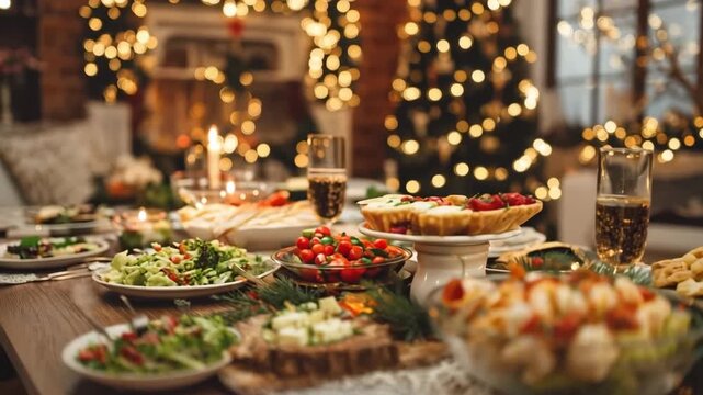 Dining table is set with many dishes, decorated for holiday celebration