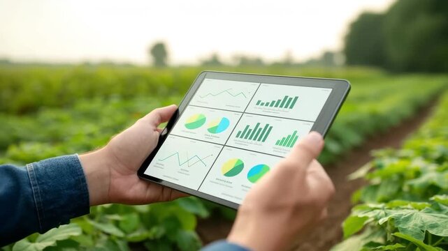 Farmers hands holding a tablet with agricultural statistics and charts in a crop field