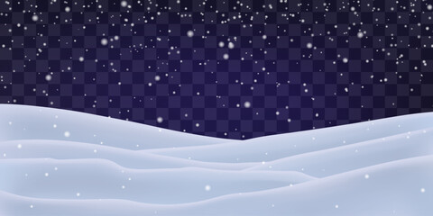 Night snow falling on snowdrifts, snowflakes and blizzard. Snow landscape decoration, frozen hills isolated on png. Vector heavy snowfall with snowbanks field. Christmas vector illustration.