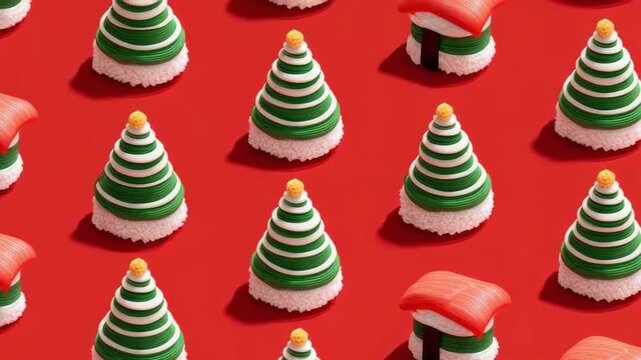Creative christmas sushi and salmon nigiri arranged in a festive repeating pattern on a red background