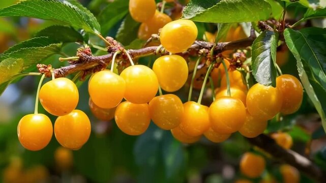 Ripe yellow rainier cherries hanging on a tree branch ready for harvest