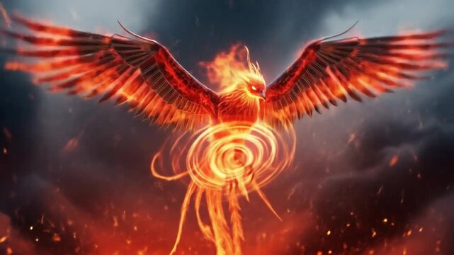 A majestic fiery phoenix soaring through a dark, smoky sky with glowing embers and sparks surrounding it