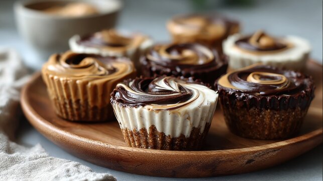 Swirled Tahini Cups. Assorted chocolate and vanilla swirl cupcakes on wooden plate