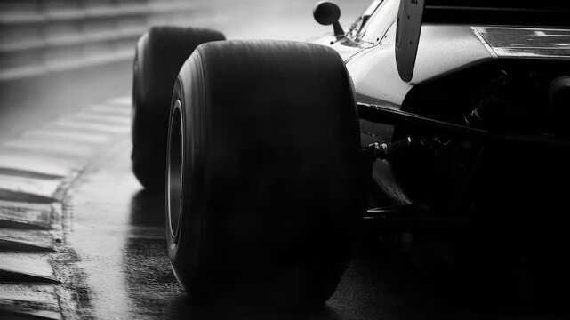 A classic racing car ed in black and white