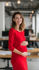 Pregnant woman smiling while standing in modern office setting  