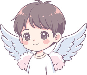 CCartoon Child with Angel Wings in White Shirt and Gentle Smile on White Background for Fantasy Illustration