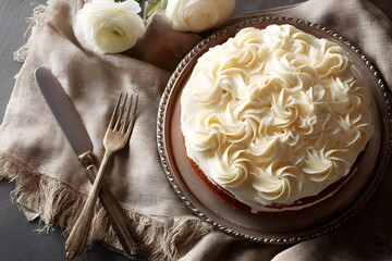 Cake topped with cream frosting on vintage plate with cutlery  