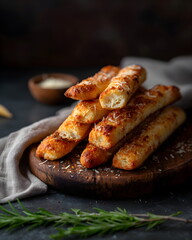 Baked cheese breadsticks stacked on wooden board with herbs  