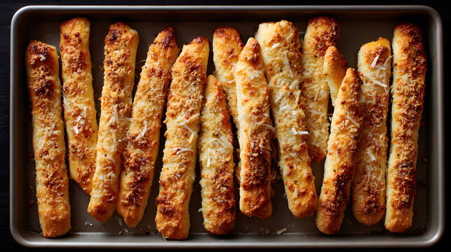Breadsticks topped with cheese on a baking tray  