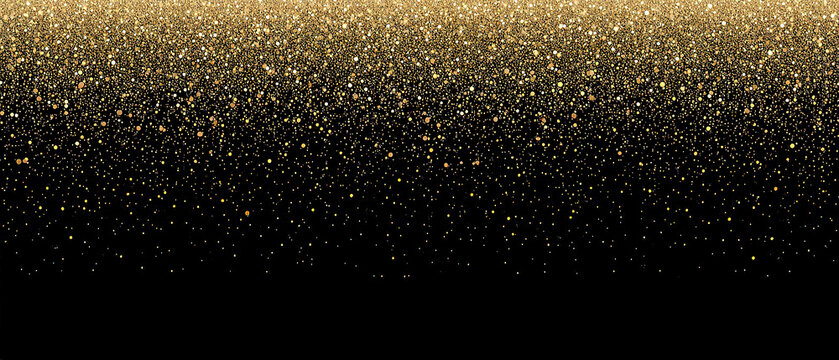 Black background with golden particles raining gently from the top, center free for elegant typography.