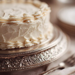 Delicious white frosted cake on detailed antique silver tray