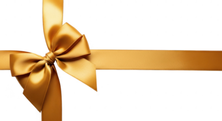 Golden ribbon bow tied on a gift, isolated on transparent background